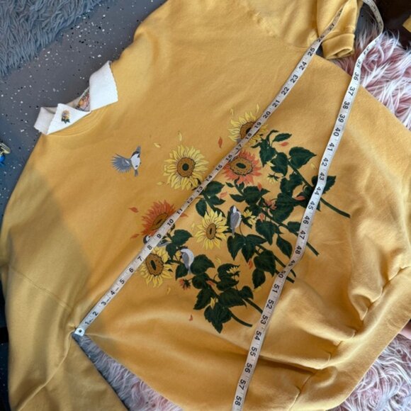 Vintage Morning Sun sunflower floral bird collared pullover sweatshirt - Picture 9 of 10